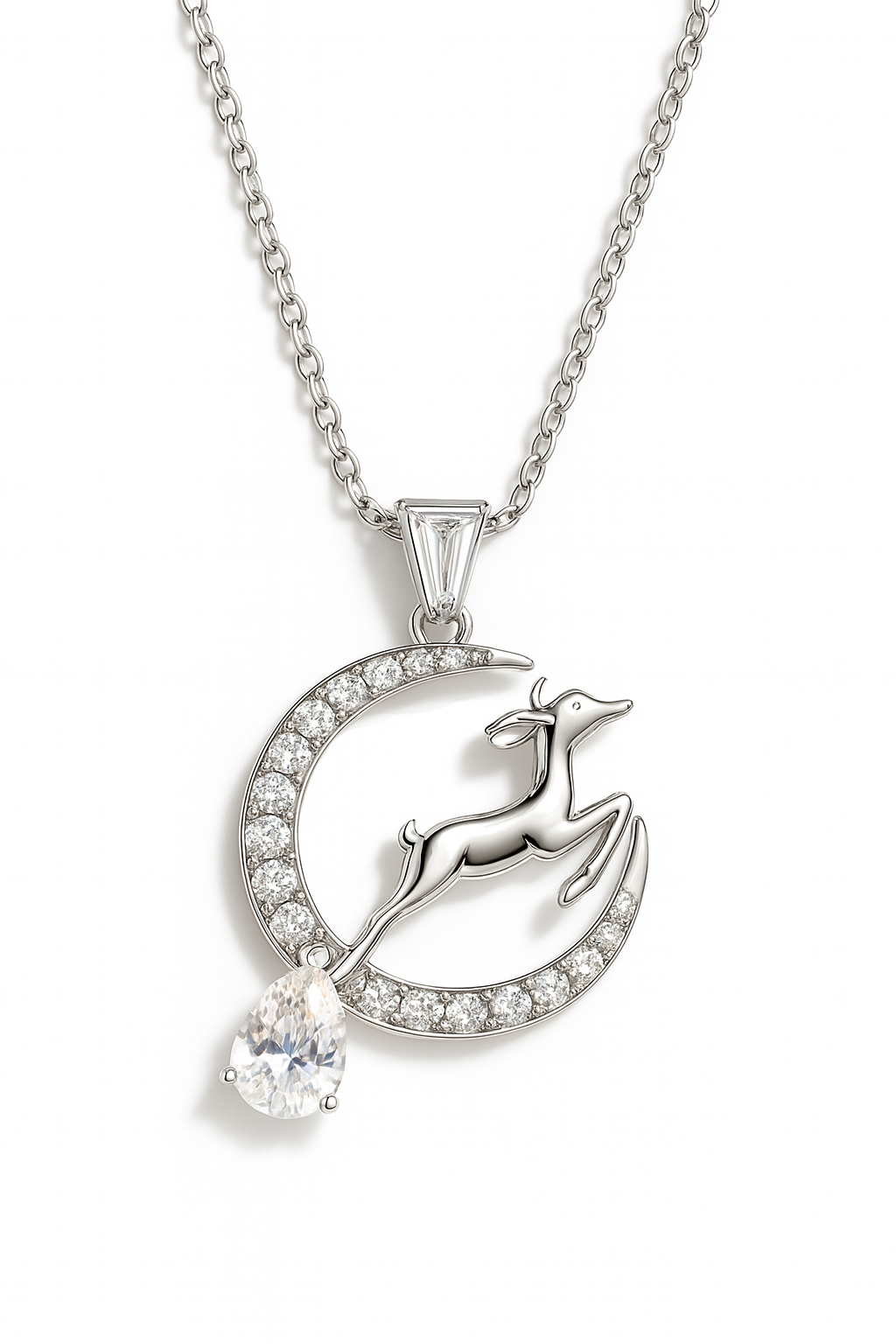925 Silver Moon & Reindeer Pendant Necklace for Women – Elegant Sparkling CZ with Teardrop Stone