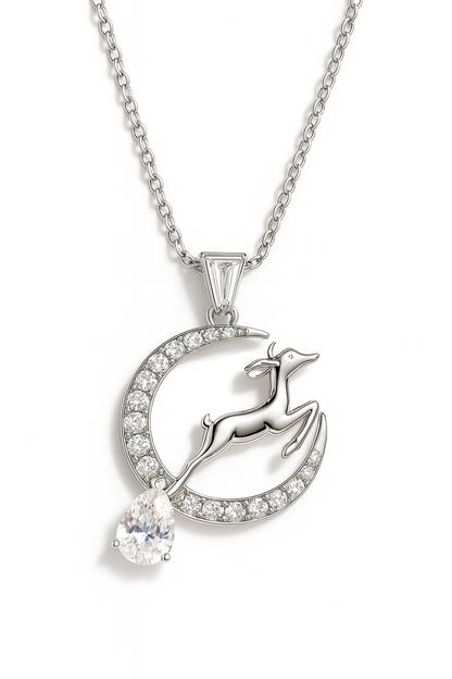 925 Silver Moon & Reindeer Pendant Necklace for Women – Elegant Sparkling CZ with Teardrop Stone