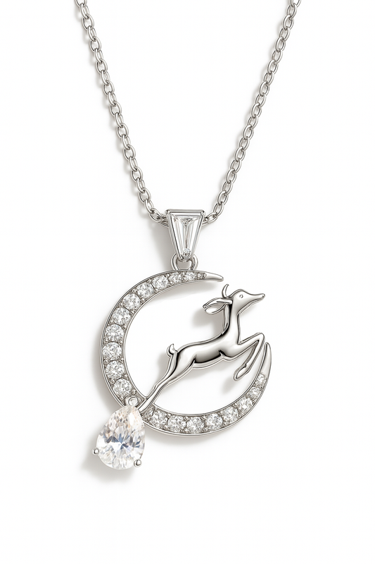 925 Silver Moon & Reindeer Pendant Necklace for Women – Elegant Sparkling CZ with Teardrop Stone