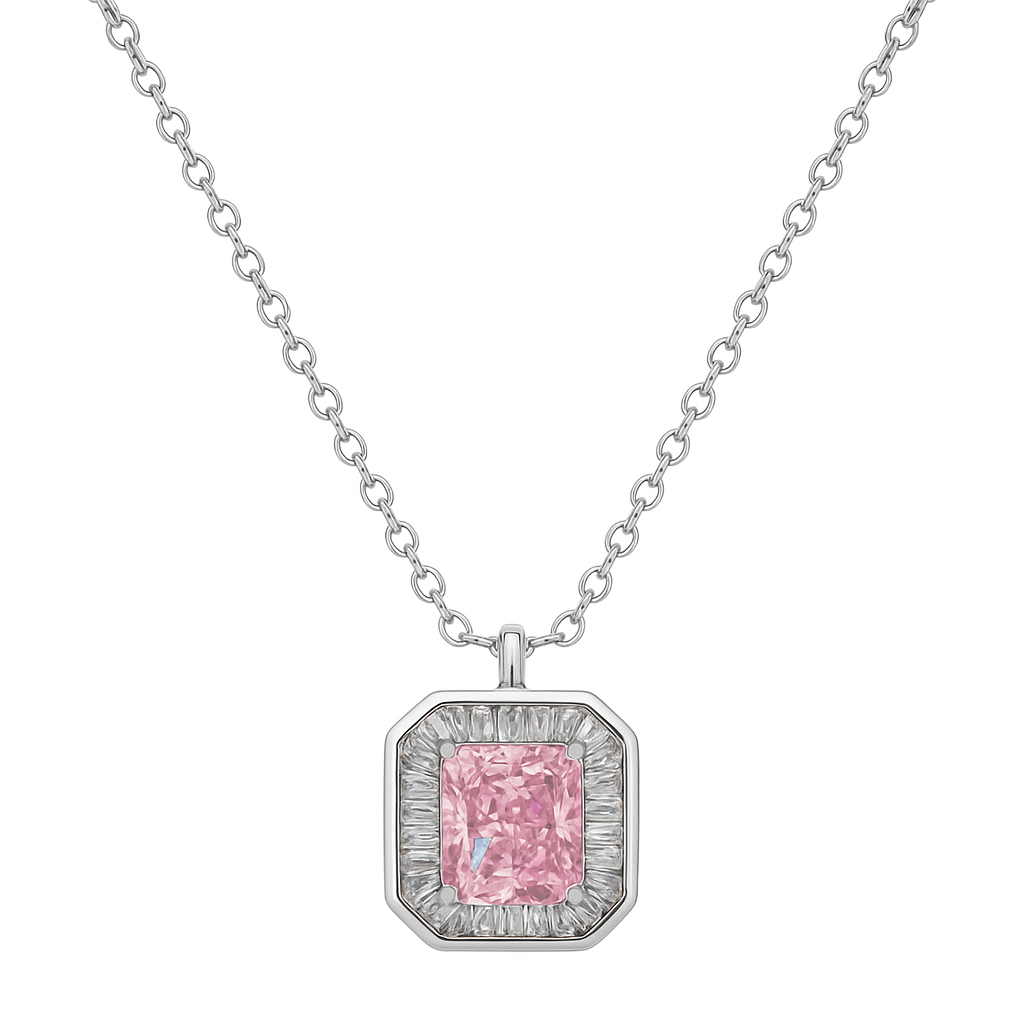 925 Silver Pink Radiant Cut Halo Pendant Necklace for Women – Elegant CZ Stone Jewelry Gift