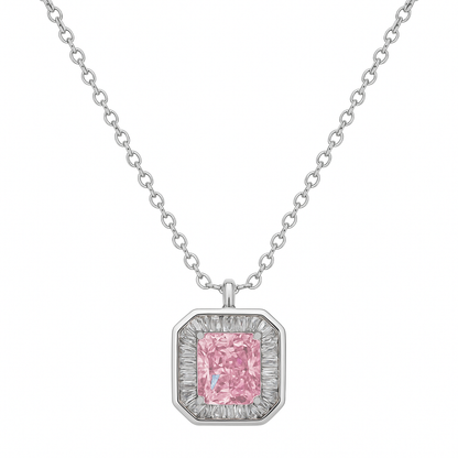 925 Silver Pink Radiant Cut Halo Pendant Necklace for Women – Elegant CZ Stone Jewelry Gift