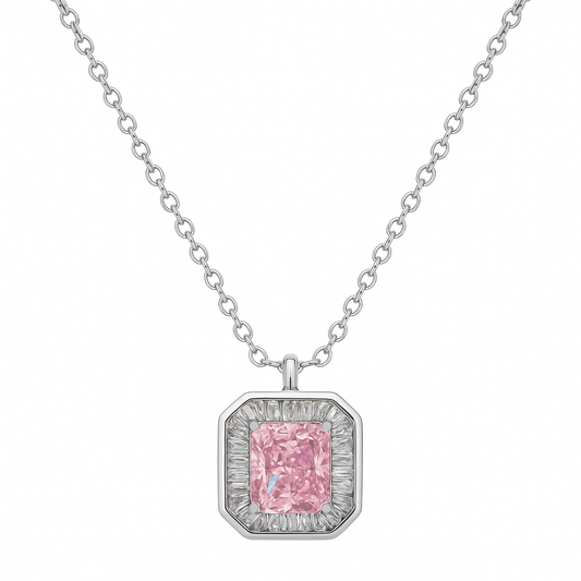925 Silver Pink Radiant Cut Halo Pendant Necklace for Women – Elegant CZ Stone Jewelry Gift