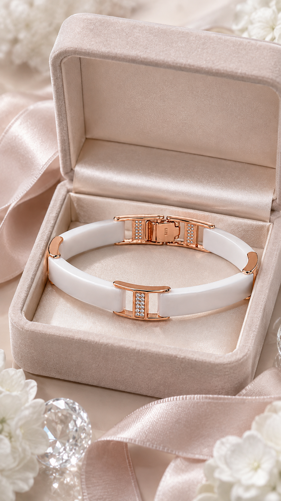 Rose Gold & White Ceramic CZ Bangle Bracelet