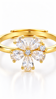 Gold 925 Sterling Silver Floral CZ Adjustable Ring |