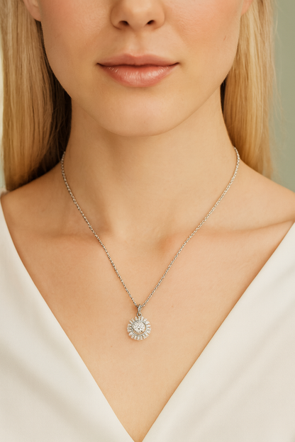 925 Silver Sunburst Halo Pendant Necklace for Women – Round Brilliant CZ Solitaire
