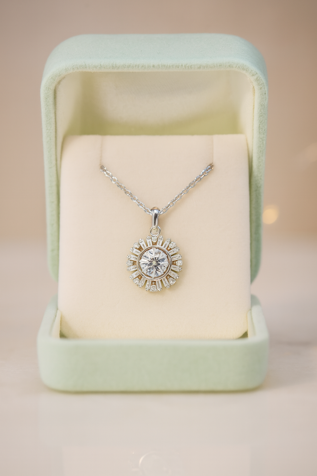 925 Silver Sunburst Halo Pendant Necklace for Women – Round Brilliant CZ Solitaire