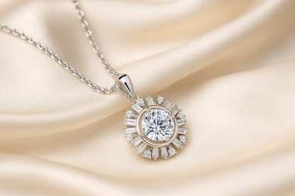 925 Silver Sunburst Halo Pendant Necklace for Women – Round Brilliant CZ Solitaire