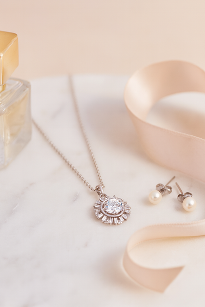 925 Silver Sunburst Halo Pendant Necklace for Women – Round Brilliant CZ Solitaire