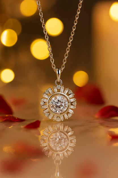 925 Silver Sunburst Halo Pendant Necklace for Women – Round Brilliant CZ Solitaire