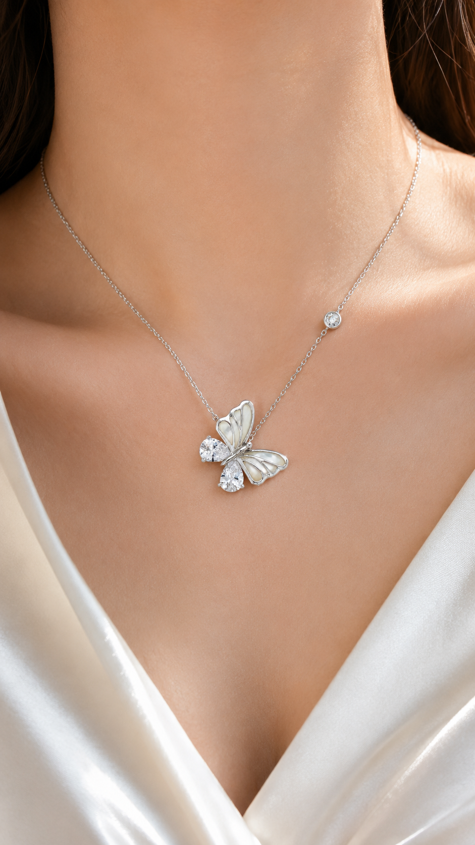 Elegant Silver Butterfly Pearl CZ Pendant Necklace