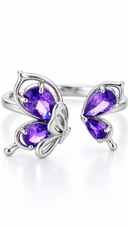 Silver Purple CZ Double Butterfly Adjustable Ring