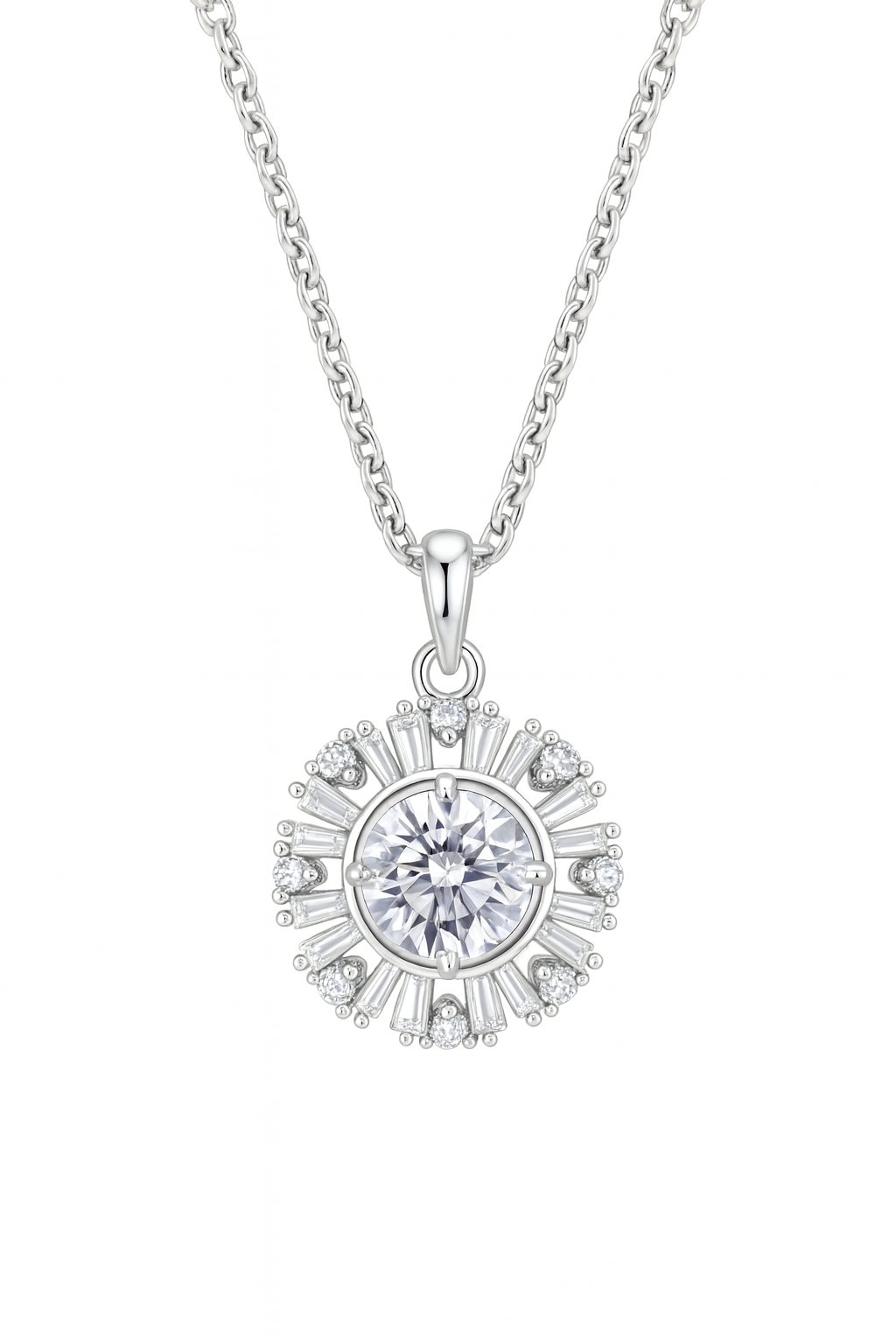 925 Silver Sunburst Halo Pendant Necklace for Women – Round Brilliant CZ Solitaire