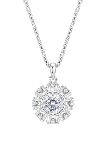 925 Silver Sunburst Halo Pendant Necklace for Women – Round Brilliant CZ Solitaire