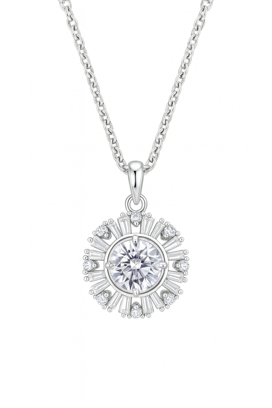 925 Silver Sunburst Halo Pendant Necklace for Women – Round Brilliant CZ Solitaire