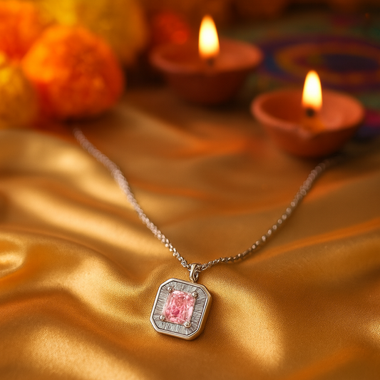 Pink Radiant Cut Halo Necklace