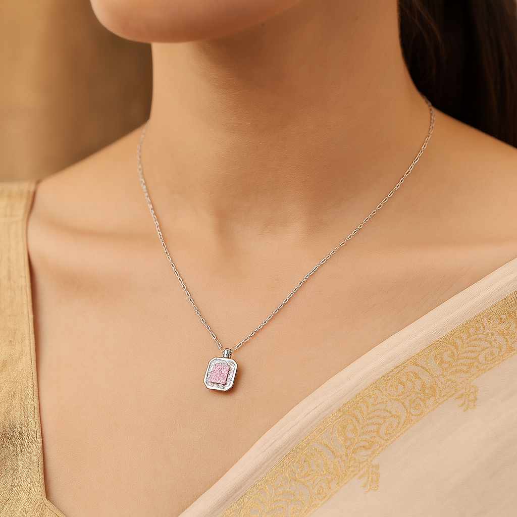 925 Silver Pink Radiant Cut Halo Pendant Necklace for Women – Elegant CZ Stone Jewelry Gift