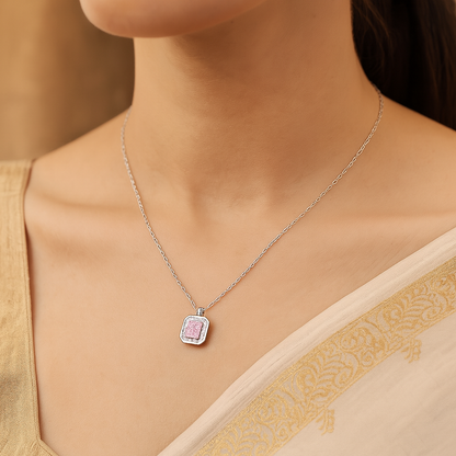 925 Silver Pink Radiant Cut Halo Pendant Necklace for Women – Elegant CZ Stone Jewelry Gift