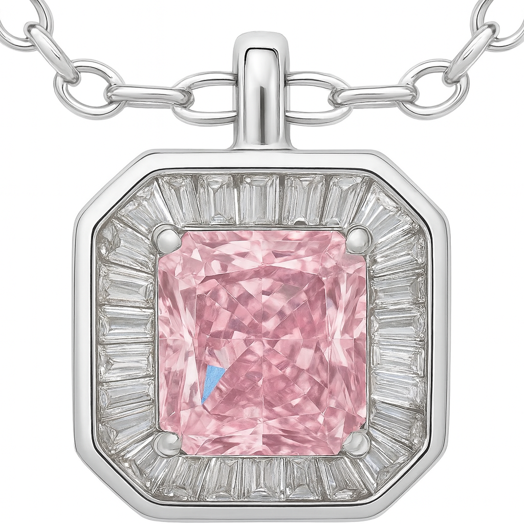 925 Silver Pink Radiant Cut Halo Pendant Necklace for Women – Elegant CZ Stone Jewelry Gift