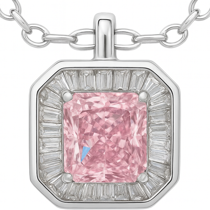 925 Silver Pink Radiant Cut Halo Pendant Necklace for Women – Elegant CZ Stone Jewelry Gift