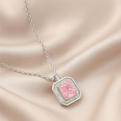 925 Silver Pink Radiant Cut Halo Pendant Necklace for Women – Elegant CZ Stone Jewelry Gift