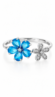 Silver Blue CZ Double Flower Adjustable Ring