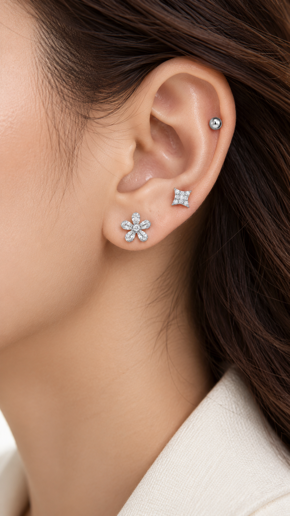 Five Petal Flower, Star Ball Stud Earrings Set – 3 Pairs - Aaryahi Silver jewellery product photo