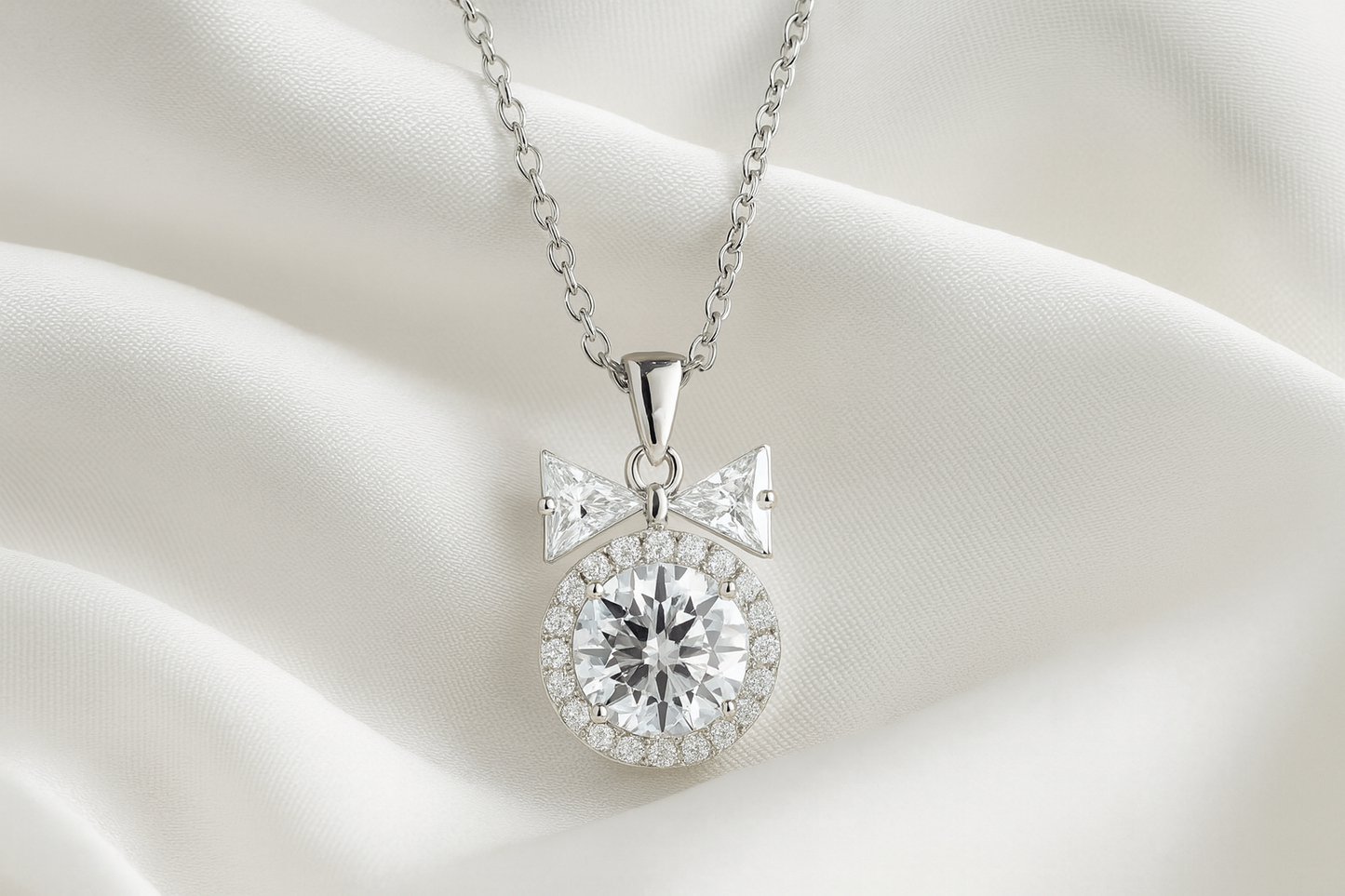 925 Silver Bow Halo Pendant Necklace for Women – Elegant Round CZ Solitaire with Twin Triangle Design