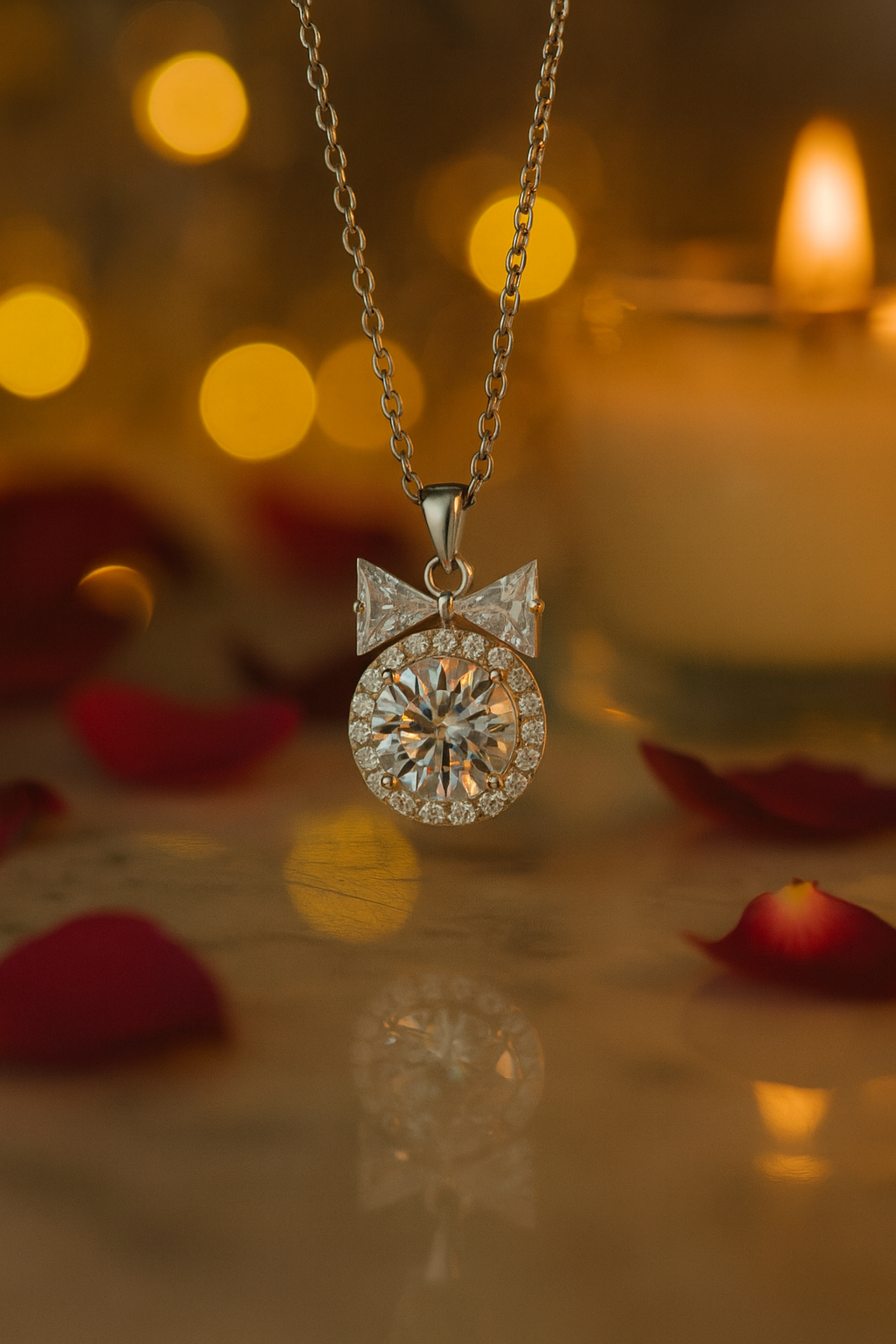 925 Silver Bow Halo Pendant Necklace for Women – Elegant Round CZ Solitaire with Twin Triangle Design