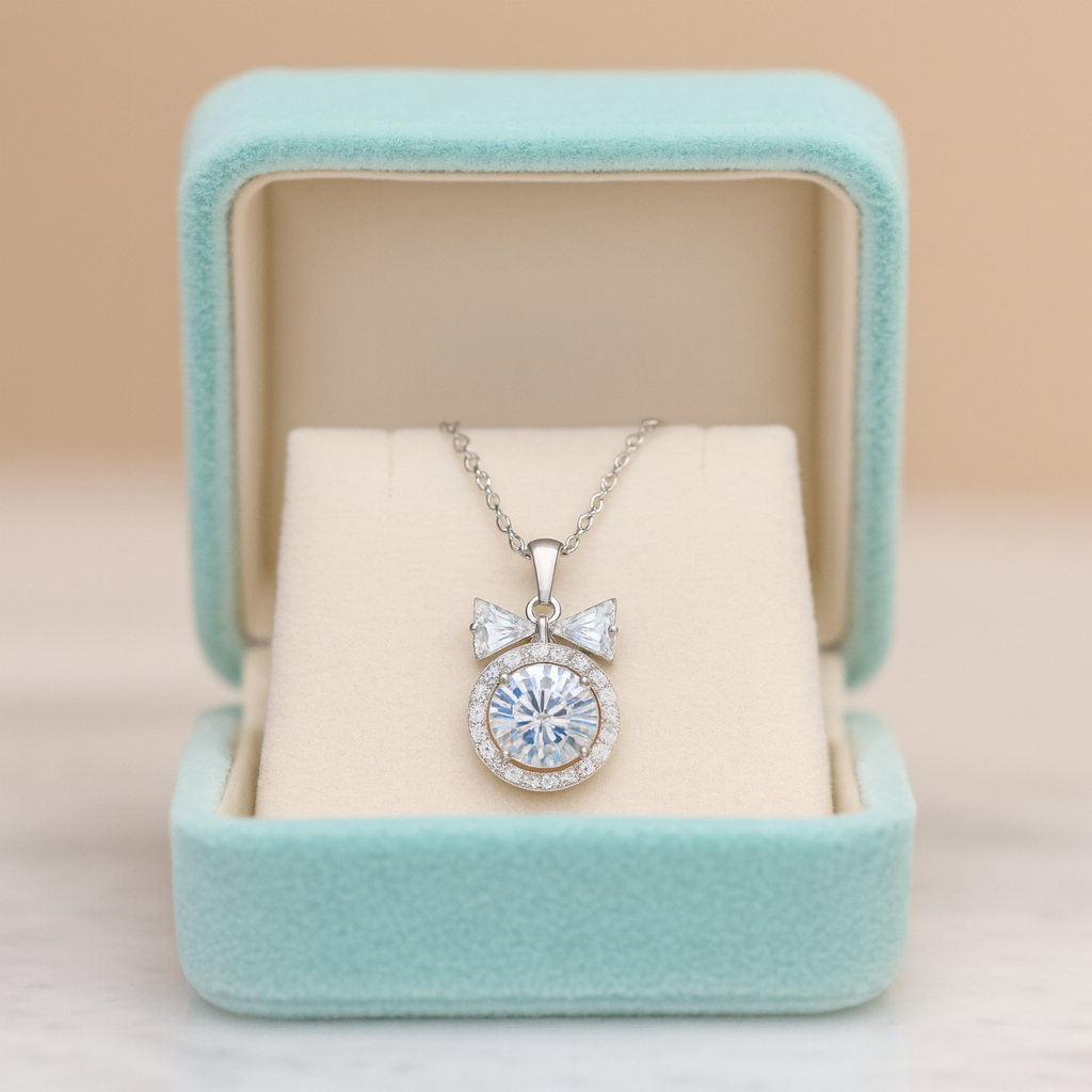 925 Silver Bow Halo Pendant Necklace for Women – Elegant Round CZ Solitaire with Twin Triangle Design