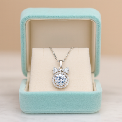 925 Silver Bow Halo Pendant Necklace for Women – Elegant Round CZ Solitaire with Twin Triangle Design