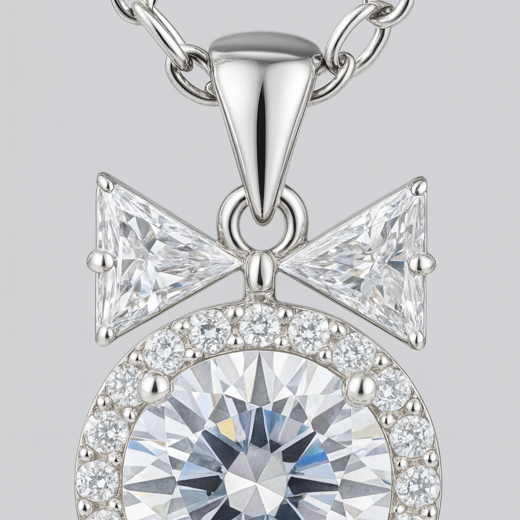 925 Silver Bow Halo Pendant Necklace for Women – Elegant Round CZ Solitaire with Twin Triangle Design