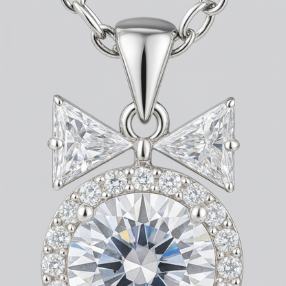 925 Silver Bow Halo Pendant Necklace for Women – Elegant Round CZ Solitaire with Twin Triangle Design