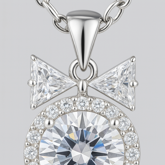 925 Silver Bow Halo Pendant Necklace for Women – Elegant Round CZ Solitaire with Twin Triangle Design
