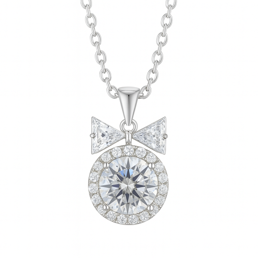 925 Silver Bow Halo Pendant Necklace for Women – Elegant Round CZ Solitaire with Twin Triangle Design