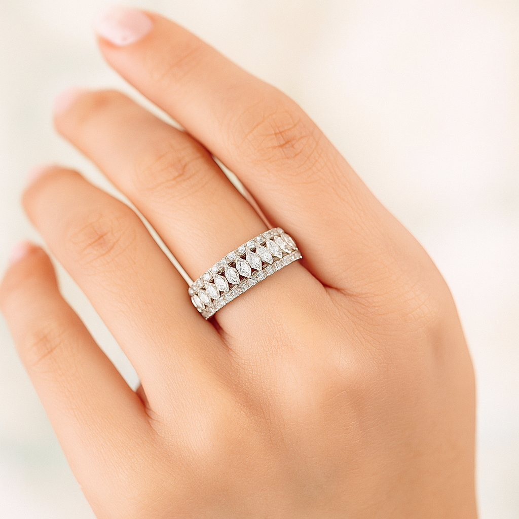 Double Row Marquise Cut Band Ring with Sparkling Accents