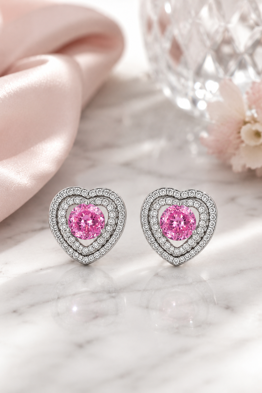 Silver Pink Heart Earrings