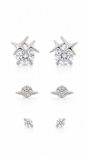 Star Heart, Saturn Planet Solitaire Stud Earrings Set - Aaryahi Silver jewellery product photo