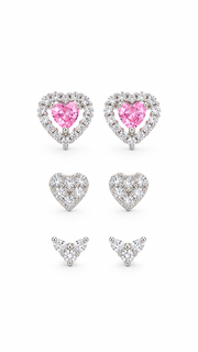 Pink Heart Halo, CZ Heart & Three Stone Stud Earrings Set - Aaryahi Silver jewellery product photo