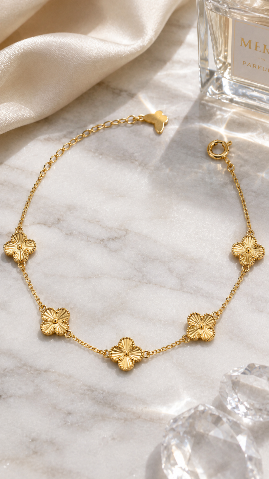 Gold Five Clover Floral Charm Bracelet