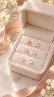 Floral , Square Round Solitaire Stud Earrings Set - Aaryahi Silver jewellery product photo