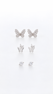 Butterfly, Double Butterfly Solitaire Earrings Set – 3 Pairs - Aaryahi Silver jewellery product photo