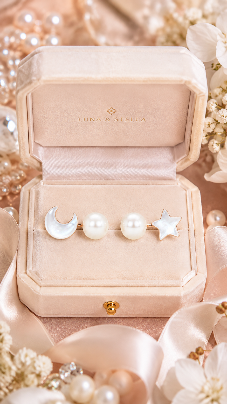 Rose Gold Moon & Star Pearl Stud Earrings