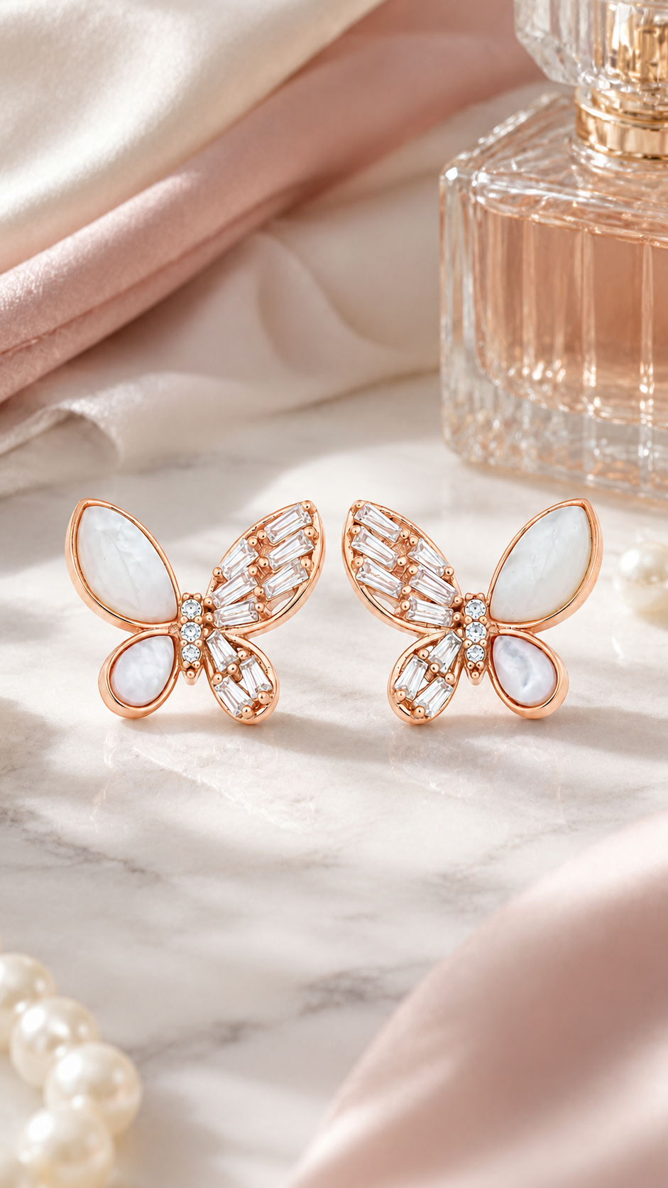 Elegant Rose Gold Mother of Pearl & CZ Butterfly Stud Earrings