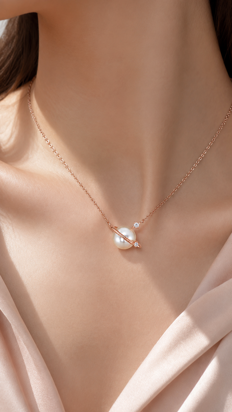 Elegant Rose Gold Pearl Planet Pendant Necklace