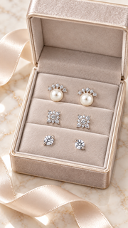 Pearl Crown, Floral Cluster Solitaire Stud Earrings Set – 3 Pairs - Aaryahi Silver jewellery product photo