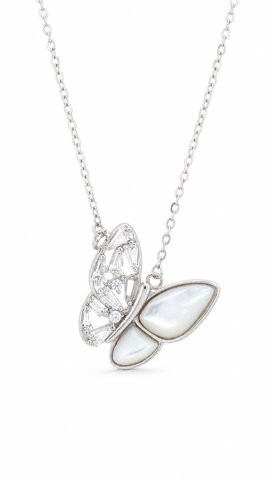 Elegant Silver Mother of Pearl & CZ Butterfly Pendant Necklace