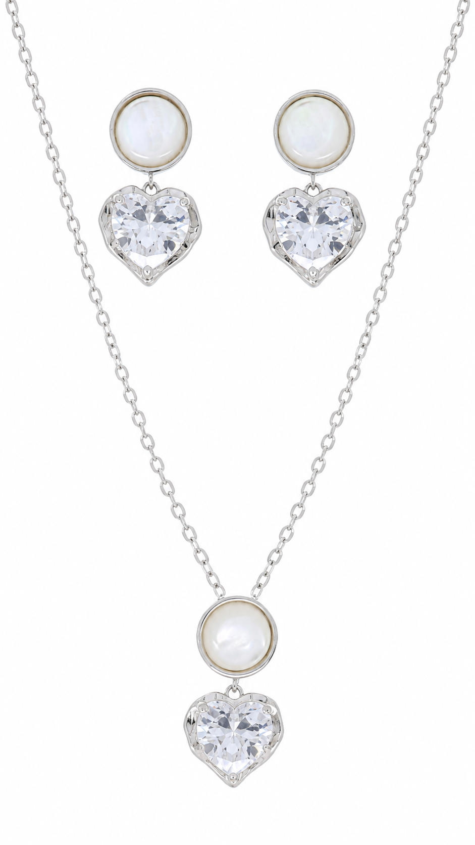 Elegant Silver Mother of Pearl Heart Crystal Pendant Necklace & Earrings Jewelry Set