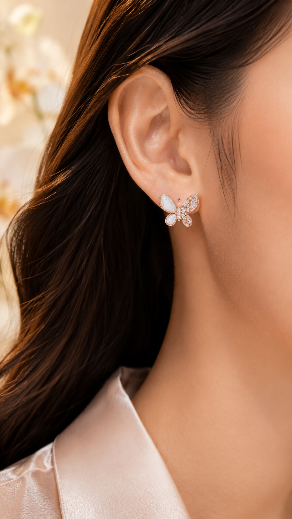 Elegant Rose Gold Mother of Pearl & CZ Butterfly Stud Earrings
