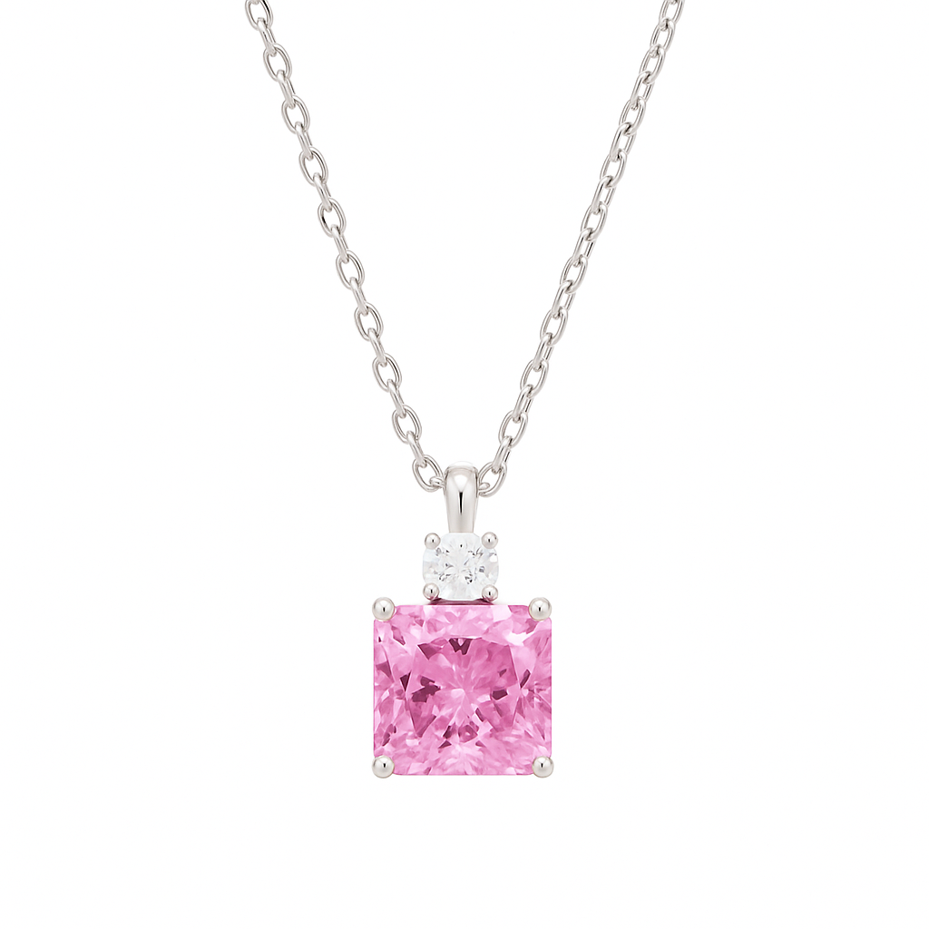 925 Silver Pink Square Pendant Necklace for Women – Elegant Sparkling CZ Charm