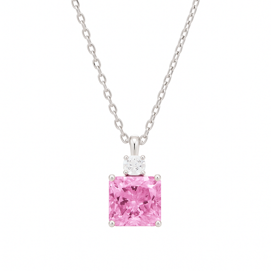 925 Silver Pink Square Pendant Necklace for Women – Elegant Sparkling CZ Charm